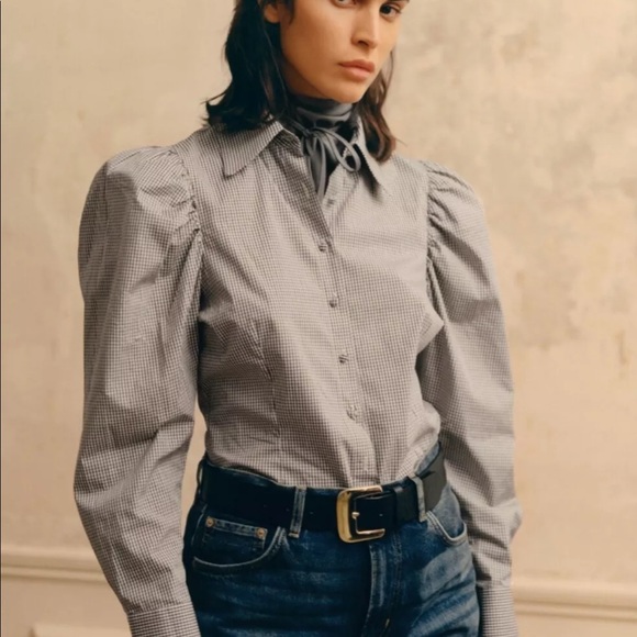 NWT Zara Plaid Puff Sleeve Blouse Ecru / Green | XS - Picture 1 of 8